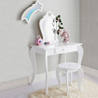 Set Masa de toaleta pentru copii Elza, alba, cu oglinda si taburet, 71x50x108 cm Set Masa de toaleta pentru copii Elza, alba, cu oglinda si taburet, 71x50x108 cm