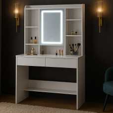 Masa de toaleta cu oglinda, iluminare LED reglabila, 2 sertare, MDF, 90x40x145 cm, alb Masa de toaleta cu oglinda, iluminare LED reglabila, 2 sertare, MDF, 90x40x145 cm, alb