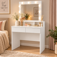Masa de toaleta cu oglinda LED pentru machiaj, iluminare cu 9 puncte LED si 3 temperaturi de culoare pentru lumina personalizata, 2 sertare pentru org