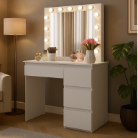 Masa de toaleta si machiaj Hollywood Pro, alba, cu 4 sertare, oglinda si 12 LED-uri, 90x40x140 cm