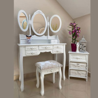 Set Masa de toaleta si machiaj cu taburet Vintage, alba, cu 7 sertare si 3 oglinzi, 90x40x146 cm Set Masa de toaleta si machiaj cu taburet Vintage, alba, cu 7 sertare si 3 oglinzi, 90x40x146 cm