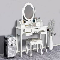 Set Masa de toaleta si machiaj cu taburet Chic, alba, cu 7 sertare si oglinda, 90x40x146 cm Set Masa de toaleta si machiaj cu taburet Chic, alba, cu 7 sertare si oglinda, 90x40x146 cm