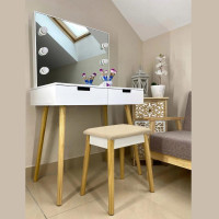 Set Masa de toaleta si machiaj cu taburet Scandinav, alba, cu oglinda si 2 sertare, 80x50x135 cm Set Masa de toaleta si machiaj cu taburet Scandinav, alba, cu oglinda si 2 sertare, 80x50x135 cm