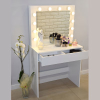 Masa de toaleta si machiaj Hollywood, alba, cu oglinda si 12 LED-uri, 80x40x140 cm