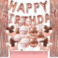 Set 48 baloane si decoratiuni, Happy Birthday, incluse fata de masa si perdea roz Set 48 baloane si decoratiuni, Happy Birthday, incluse fata de masa si perdea roz