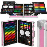 Set de pictura si desen pentru copii, 145 de piese, trusa aluminiu roz Set de pictura si desen pentru copii, 145 de piese, trusa aluminiu roz