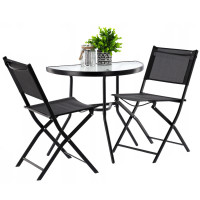 Set mobilier gradina sau balcon, masa semirotund sticla cu 2 scaune pliabile, negru Set mobilier gradina sau balcon, masa semirotund sticla cu 2 scaune pliabile, negru