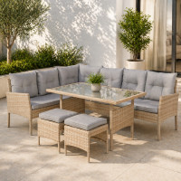 Set mobilier de gradina Berno coltar cu perne, 2 tabureti si masa, cadru otel si ratan sintetic, blat sticla securizata, bej