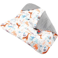 Paturica pentru scoica auto cu gluga integrata, exterior din bumbac 100% si interior moale din material minky, orifici pentru centuri, lavabila la 30°