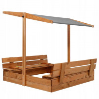 Lada din lemn pentru nisip, cu acoperis parasolar, 2 bancute, 120x120cm Lada din lemn pentru nisip, cu acoperis parasolar, 2 bancute, 120x120cm