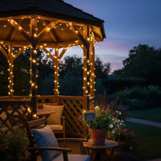 Instalatie luminoasa solara exterior 100 LED alb cald, cablu 12 m, 8 moduri iluminare, IP44, negru