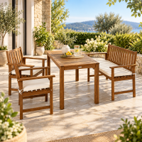 Set mobilier de gradina pentru servirea mesei si relaxare in aer liber, 7 piese din lemn de salcam, cu masa spatioasa pentru terasa, banca si scaune c