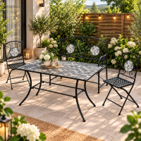 Set mobilier de gradina Gismo, 4 piese, masa cu blat din mozaic ceramic cu aspect de piatra naturala, banca pentru 2 persoane si 2 scaune pliabile pen