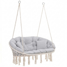 Scaun dublu tip leagan suspendat pentru casa sau gradina, cu perne, stil boho, 130x66x120 cm, maxim 300 kg, crem si gri