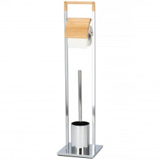 Stand cu perie WC si suport hartie igienica, inox si bambus, 75cm, argintiu