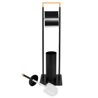 Stand cu perie WC si suport hartie igienica, metal si bambus, 74cm, negru Stand cu perie WC si suport hartie igienica, metal si bambus, 74cm, negru