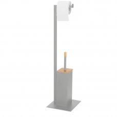Stand cu perie WC si suport hartie igienica, metal, 79cm, gri