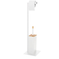 Stand cu perie WC si suport hartie igienica, metal si bambus, 79cm, gri deschis Stand cu perie WC si suport hartie igienica, metal si bambus, 79cm, gri deschis