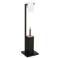 Stand cu perie WC si suport hartie igienica, metal si bambus, 79cm, negru Stand cu perie WC si suport hartie igienica, metal si bambus, 79cm, negru