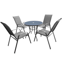 Set mobilier gradina, masa rotunda cu blat sticla securizata, 4 scaune metalice fixe, gri Set mobilier gradina, masa rotunda cu blat sticla securizata, 4 scaune metalice fixe, gri