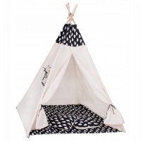 Cort copii Sersimo stil indian Teepee Tent cu fereastra, covoras gros si 2 perne, alb negru cu norisori