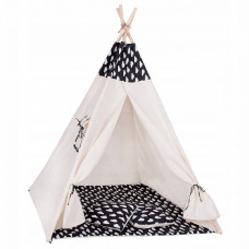 Cort copii Sersimo stil indian Teepee Tent cu fereastra, covoras gros si 2 perne, alb negru cu norisori
