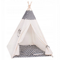 Cort copii Sersimo stil indian Teepee Tent cu fereastra, covoras gros si 2 perne, alb negru zig zag