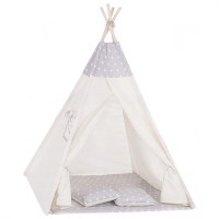 Cort copii Sersimo stil indian Teepee Tent cu fereastra, covoras gros si 2 perne, alb gri