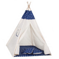 Cort copii Sersimo stil indian Teepee Tent cu fereastra, covoras gros si 2 perne, alb albastru inchis cu stelute