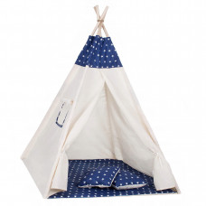 Cort copii Sersimo stil indian Teepee Tent cu fereastra, covoras gros si 2 perne, alb albastru inchis cu stelute