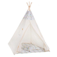 Cort copii Sersimo stil indian Teepee Tent cu fereastra, covoras gros si 2 perne, cu flori