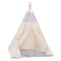 Cort copii Sersimo stil indian Teepee Tent cu fereastra, covoras gros si 2 perne, alb gri cu norisori