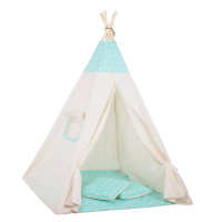 Cort copii Sersimo stil indian Teepee Tent cu fereastra, covoras gros si 2 perne, alb verde menta cu stelute