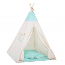 Cort copii Sersimo stil indian Teepee Tent cu fereastra, covoras gros si 2 perne, alb verde menta cu stelute