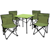 Set camping 5 in 1 cu masa si 4 scaune pliabile, structura otel si blat aluminiu, 53x52x50 cm, verde Set camping 5 in 1 cu masa si 4 scaune pliabile, structura otel si blat aluminiu, 53x52x50 cm, verde