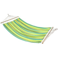 Hamac dublu cu bare din lemn, pentru 2 persoane, bumbac, 150kg, 200x150 cm, verde si galben Hamac dublu cu bare din lemn, pentru 2 persoane, bumbac, 150kg, 200x150 cm, verde si galben