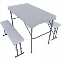 Set mobilier de camping pliabil, masa cu 2 banci, structura otel cu HDPE, 108x60cm, alb Set mobilier de camping pliabil, masa cu 2 banci, structura otel cu HDPE, 108x60cm, alb
