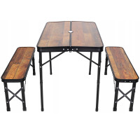 Set mobilier de camping pliabil, masa cu 2 banci, structura otel cu blat MDF, 90x60cm, maro Set mobilier de camping pliabil, masa cu 2 banci, structura otel cu blat MDF, 90x60cm, maro