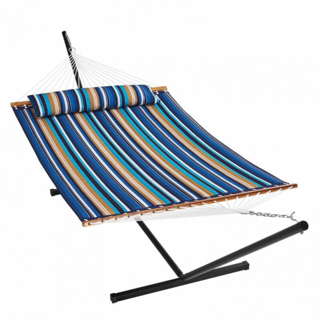 Hamac cu suport otel si perna, Vivatechnix matlasat, pentru 2 persoane, max 217 kg, 3760 x 987 x 1050 mm, Albastru/Maro [1]