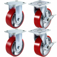 Set 4 roti pivotante/rigide, Frana laterala, Capacitate 510 kg/roata, Diametru 6 inch, Poliuretan/Otel