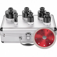 Set 6 carote diamantate si 1 disc taiere 125 mm pentru gresie, marmura, 20/35/40/50/55/68 mm, prindere M14, umed sau uscat Set 6 carote diamantate si 1 disc taiere 125 mm pentru gresie, marmura, 20/35/40/50/55/68 mm, prindere M14, umed sau uscat
