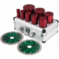 Set 8 carote diamantate pentru gresie Vevor M14, diametre 20/25/32/35/40/50/60/68 mm, 2 x discuri Set 8 carote diamantate pentru gresie Vevor M14, diametre 20/25/32/35/40/50/60/68 mm, 2 x discuri