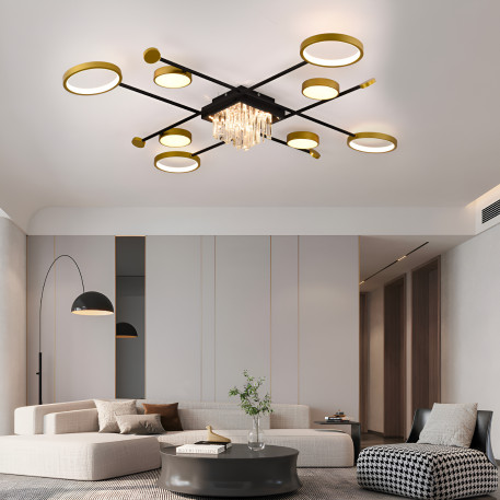 Lustra LED cu telecomanda si cristal GUIDA 46W, 8 Elemente, lumina Rece/Calda/Neutra, Dimabila, Negru Auriu [1]