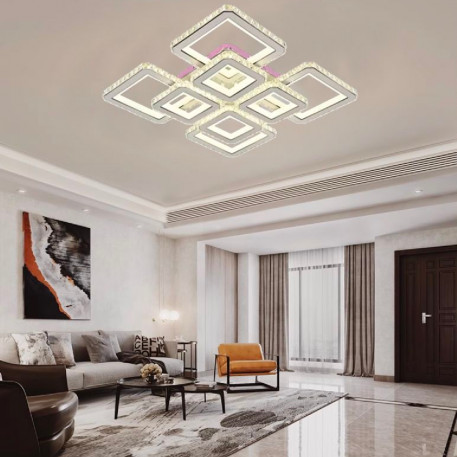 Lustra LED cu telecomanda si cristal LEILA 237W, 8 Patrate, lumina Rece/Calda/Neutra, Dimabila, Alb Crom Lucios [1]